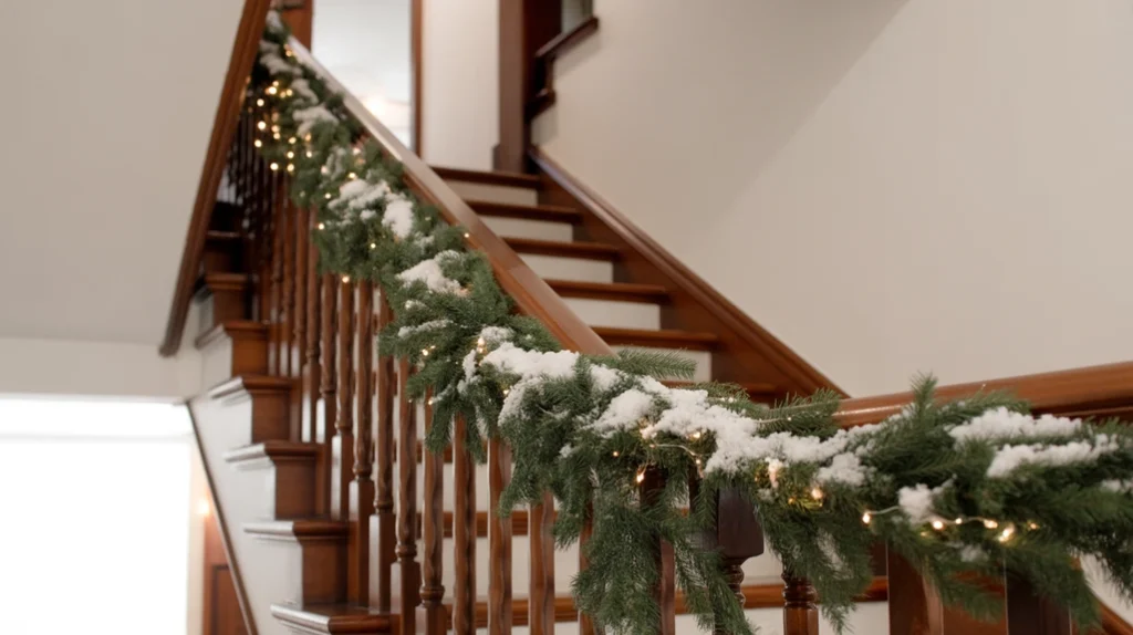 “Frosted snowy garland decorating a staircase for a winter wonderland Christmas style”