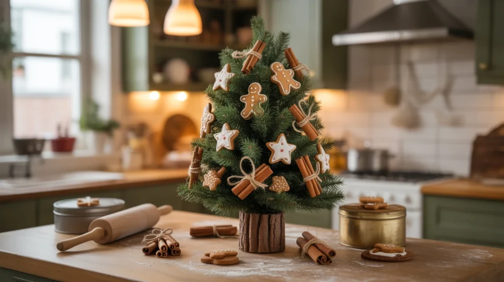 mini christmas tree decorated with gingerbread ornaments, cinnamon sticks, and cozy baking accents