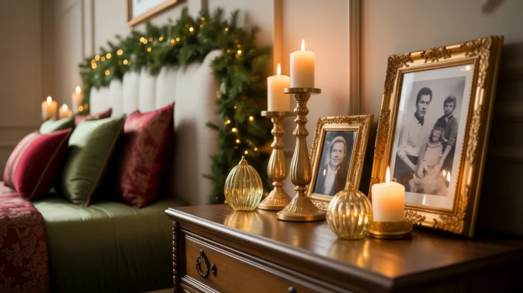Gold candleholders and mirrors adding elegant glow to traditional Christmas bedroom ideas