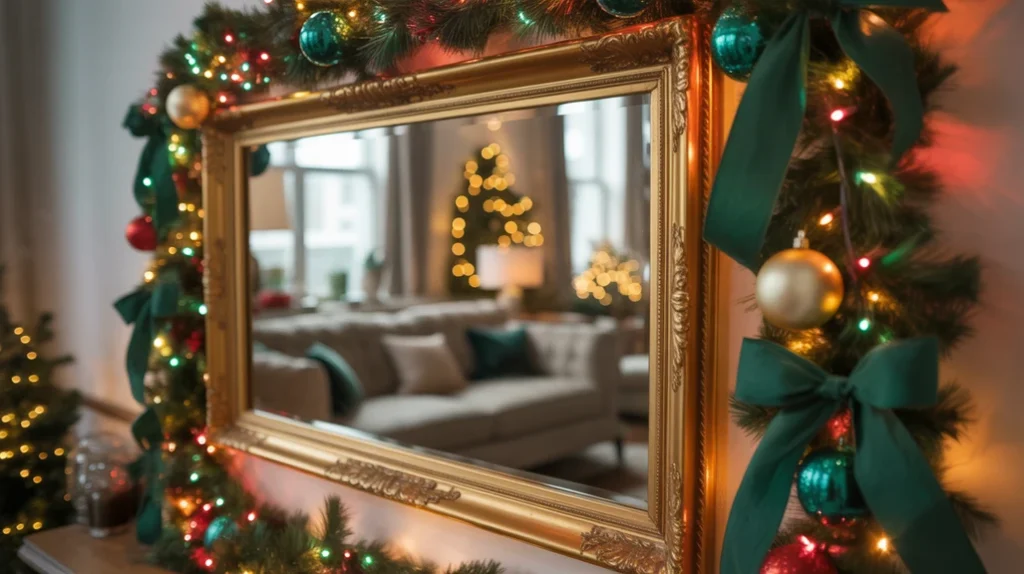 Gold-framed mirror reflecting Christmas lights and emerald holiday decor in a cozy living room setting.