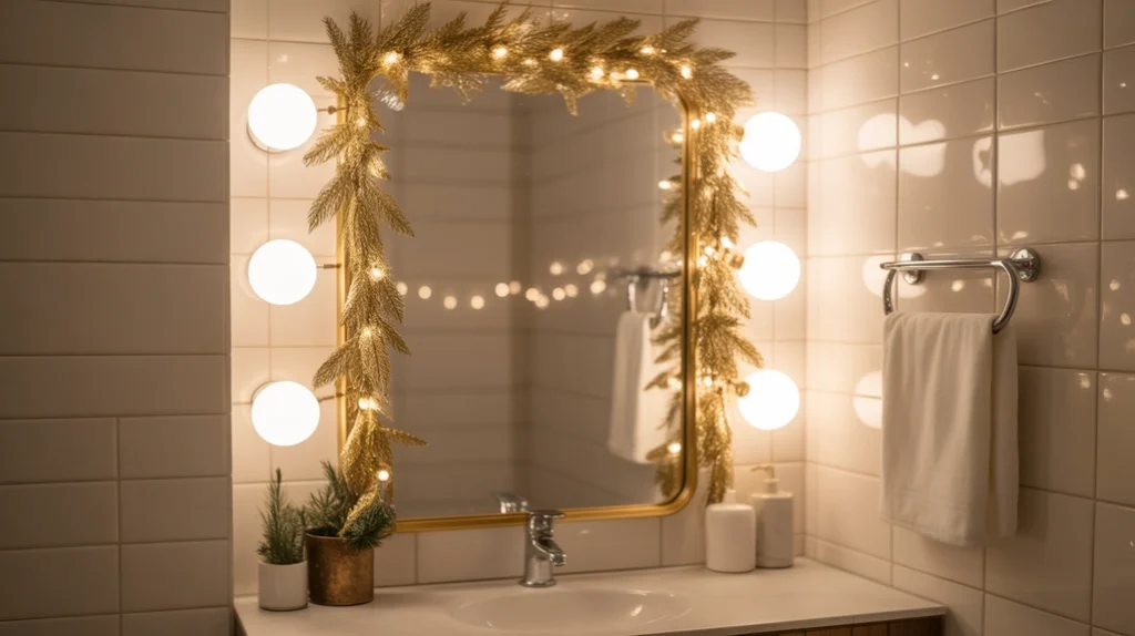 bathroom mirror framed with gold christmas garland and warm festive lighting