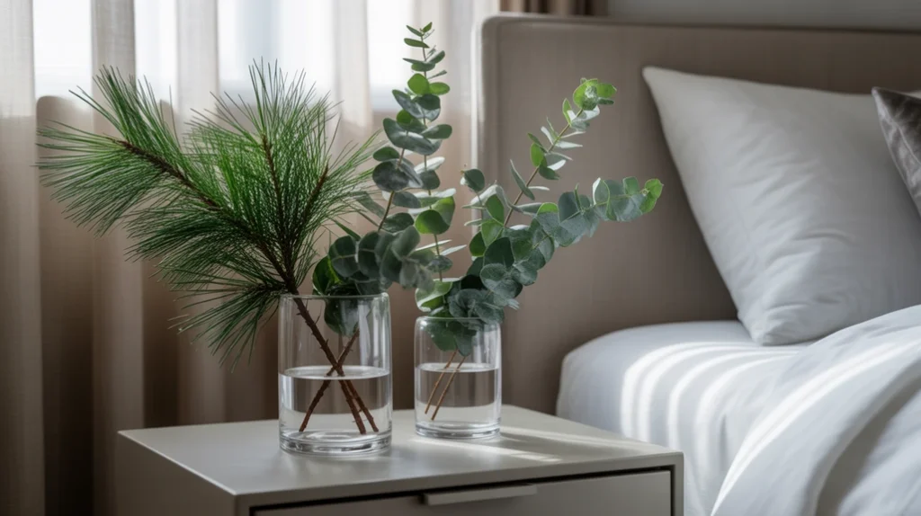 Fresh greenery and pine branches in glass vases adding natural texture to modern holiday bedroom