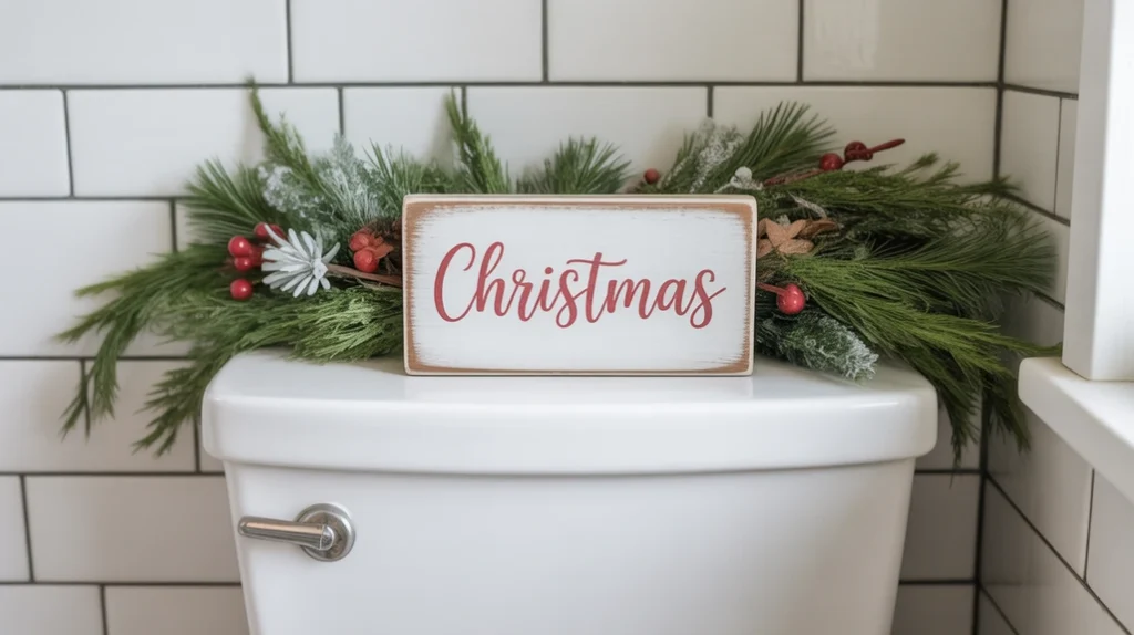 small christmas sign on toilet tank with greenery for simple holiday decoration