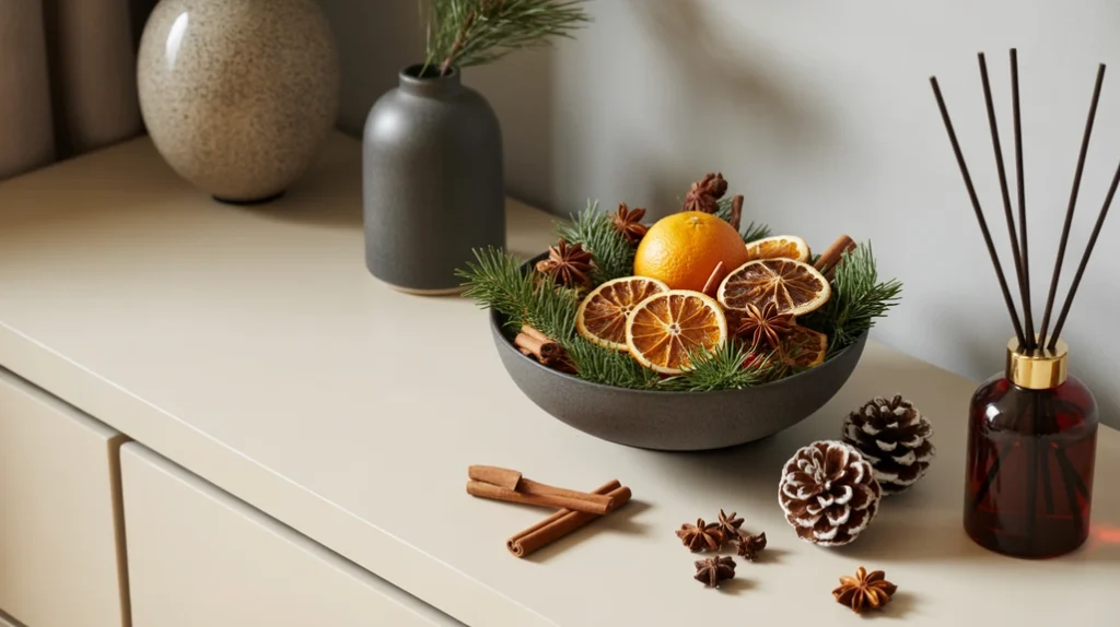 “Holiday potpourri bowl with dried oranges, cloves, and pinecones in the entryway”