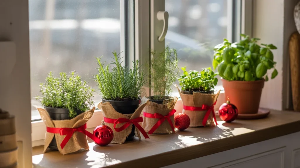 Small herb pots wrapped with burlap and ribbons on a kitchen windowsill, blending natural greenery with Christmas decor.