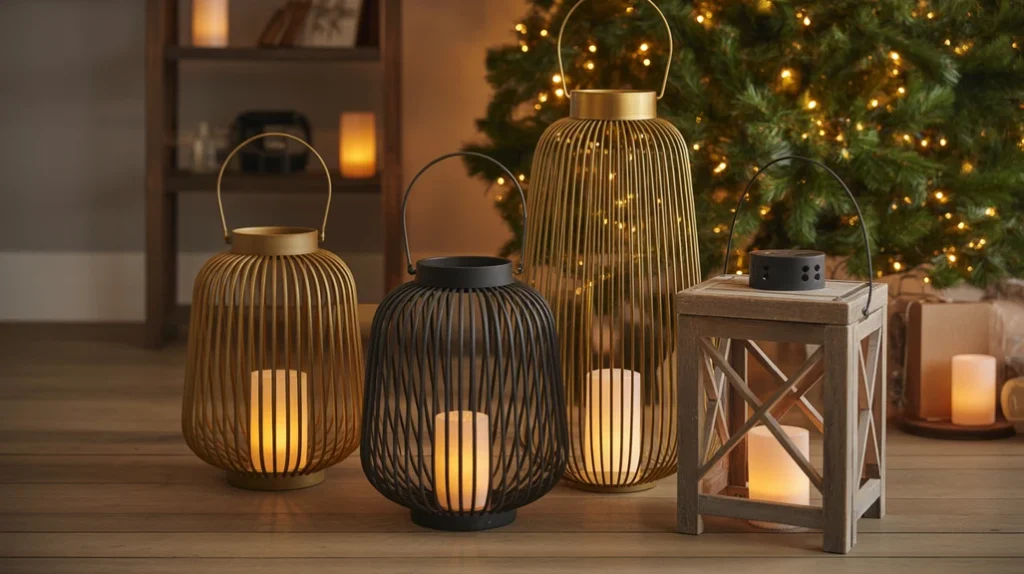 Group of decorative Christmas lanterns in gold and wood finishes glowing near the tree for layered festive light.