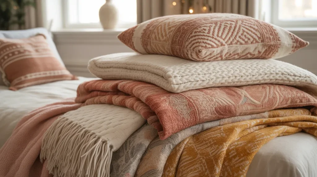 Layered throws, knit blankets, and patterned bedding for cozy bohemian Christmas bedroom ideas