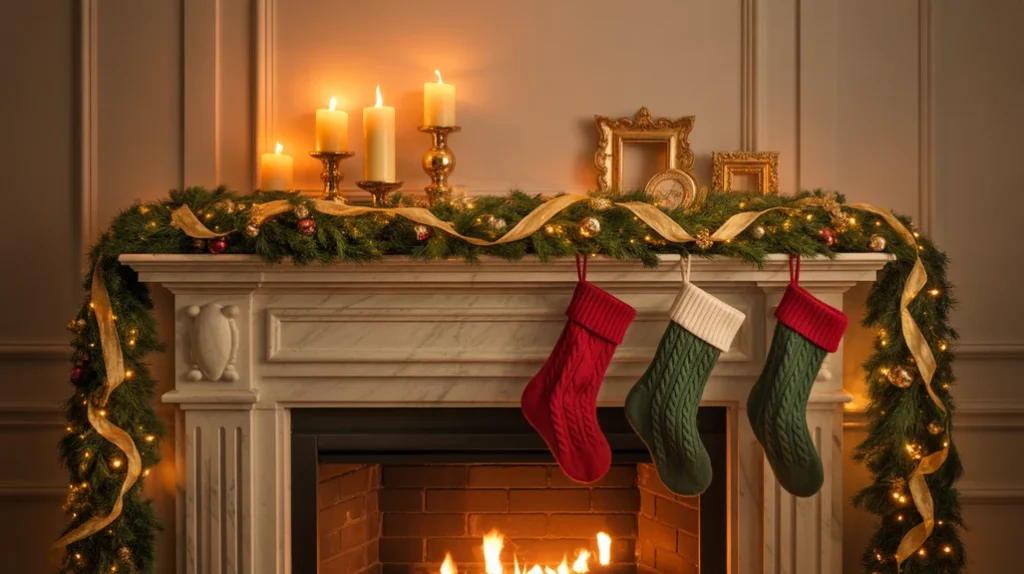 Christmas mantel styled with candles, stockings, and greenery for warm holiday home decor