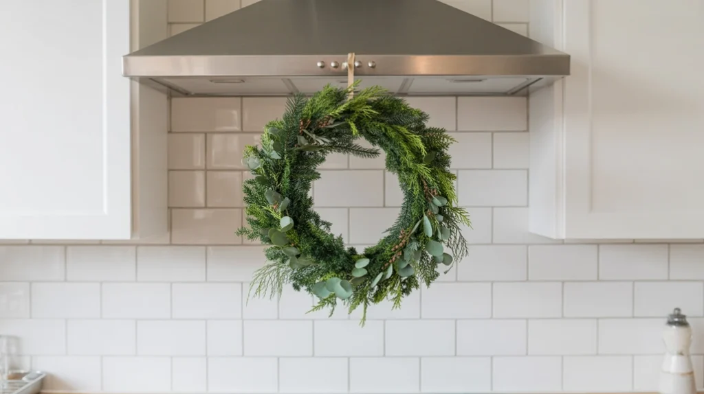 Medium-sized mixed greenery wreath hanging on the range hood for simple Christmas décor