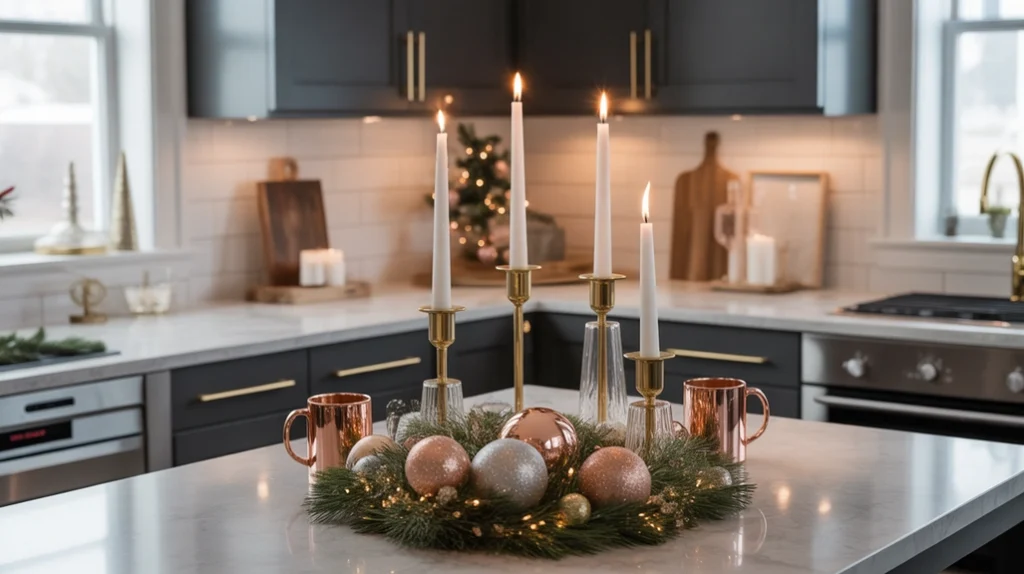 Gold and silver candle holders and copper mugs arranged on kitchen island for stylish modern Christmas decor