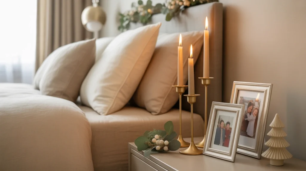 champagne gold and silver accents adding elegance to a beige minimalist Christmas bedroom