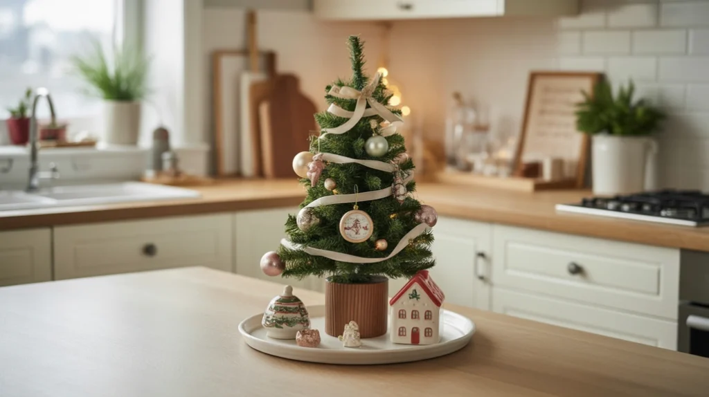 small tabletop christmas tree on tray with ornaments and cozy festive kitchen counter accents