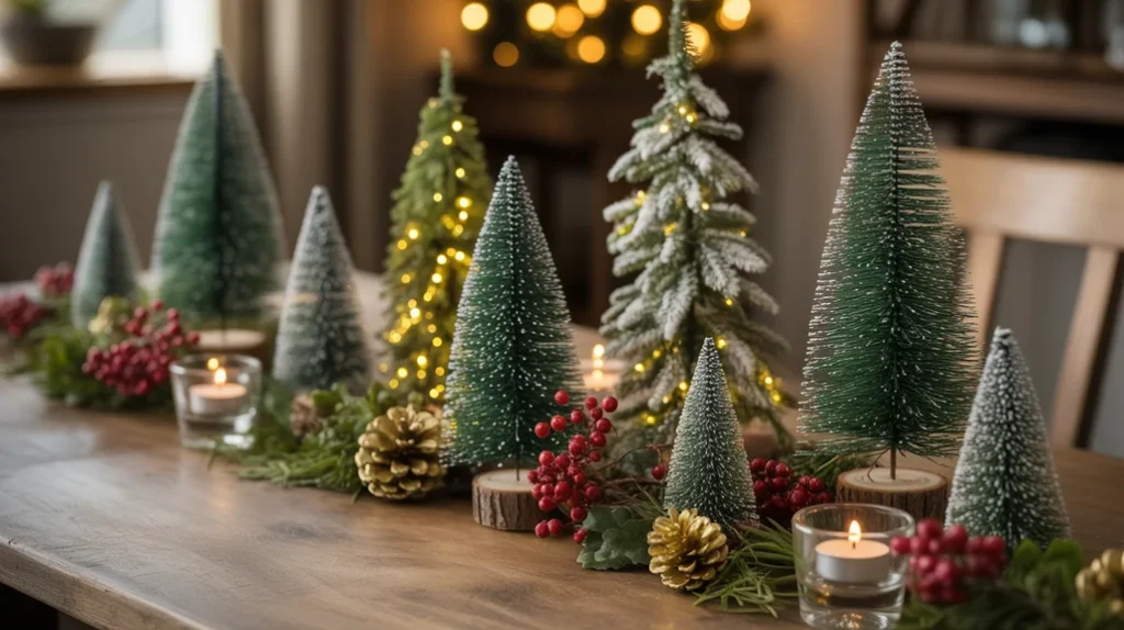 Mini Christmas trees and bottle-brush trees arranged on a holiday dining table