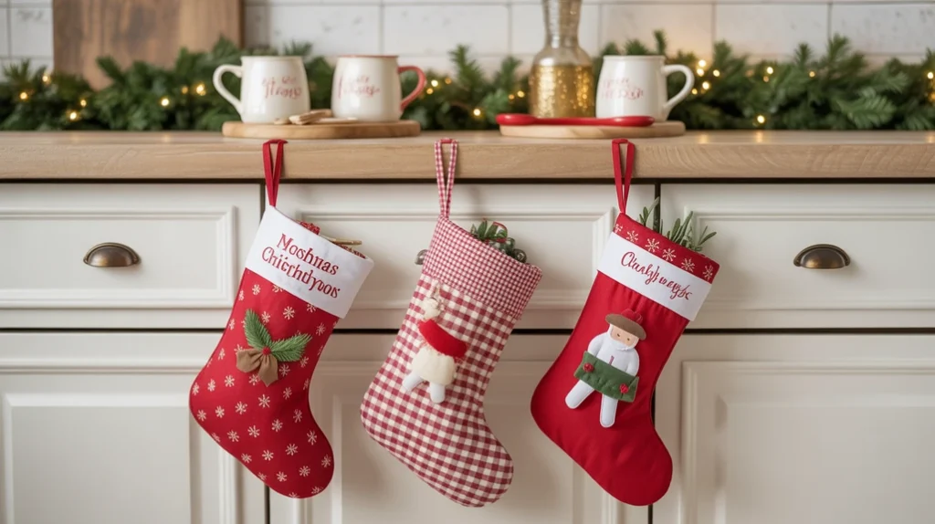 Mini Christmas stockings hanging near a kitchen breakfast nook, festive and playful holiday kitchen wall touch.