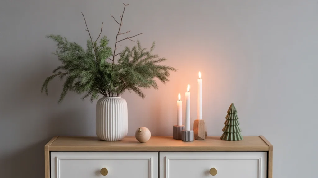 “Clean console table with simple Nordic greenery for Scandinavian Christmas decor”