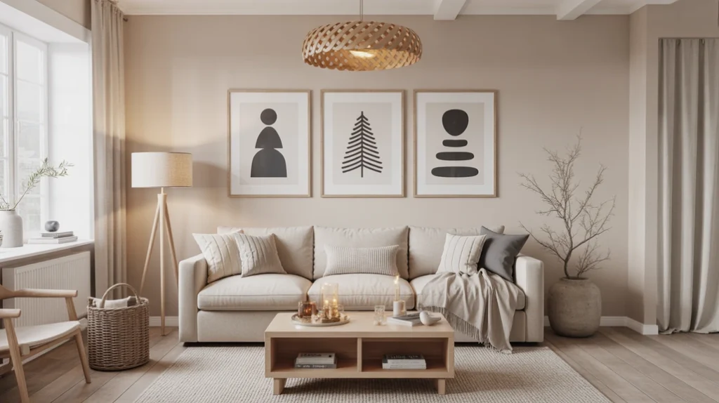“Minimalist Christmas wall art with abstract holiday prints in a Scandinavian-style living room featuring natural lighting and textures.”