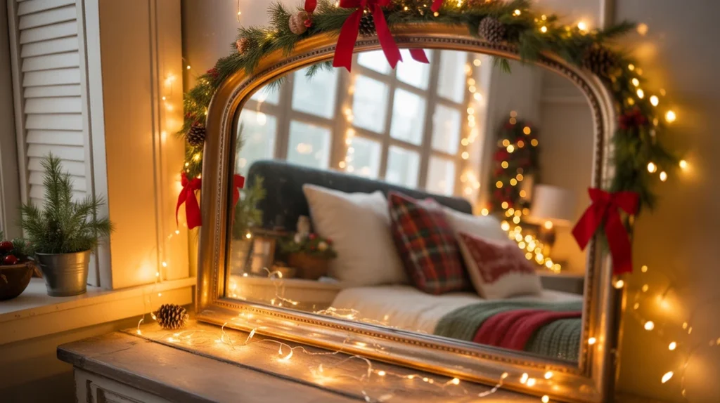 Mirror reflecting fairy lights and garland creating spacious feel in guest bedroom