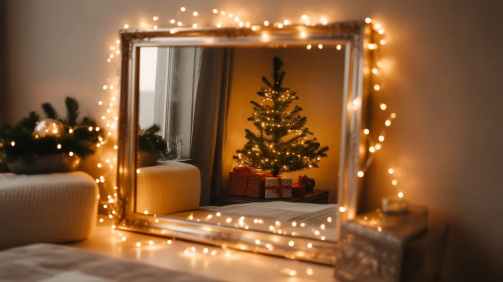Mirror reflecting fairy lights and mini tree to make small Christmas bedroom look bigger