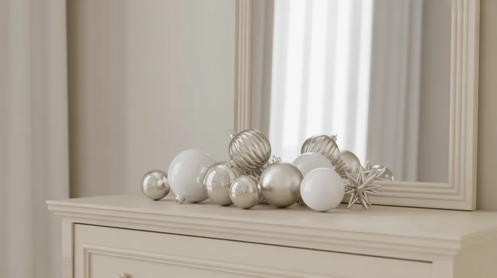 Monochrome white and silver holiday decorations styled in modern minimalist Christmas bedroom