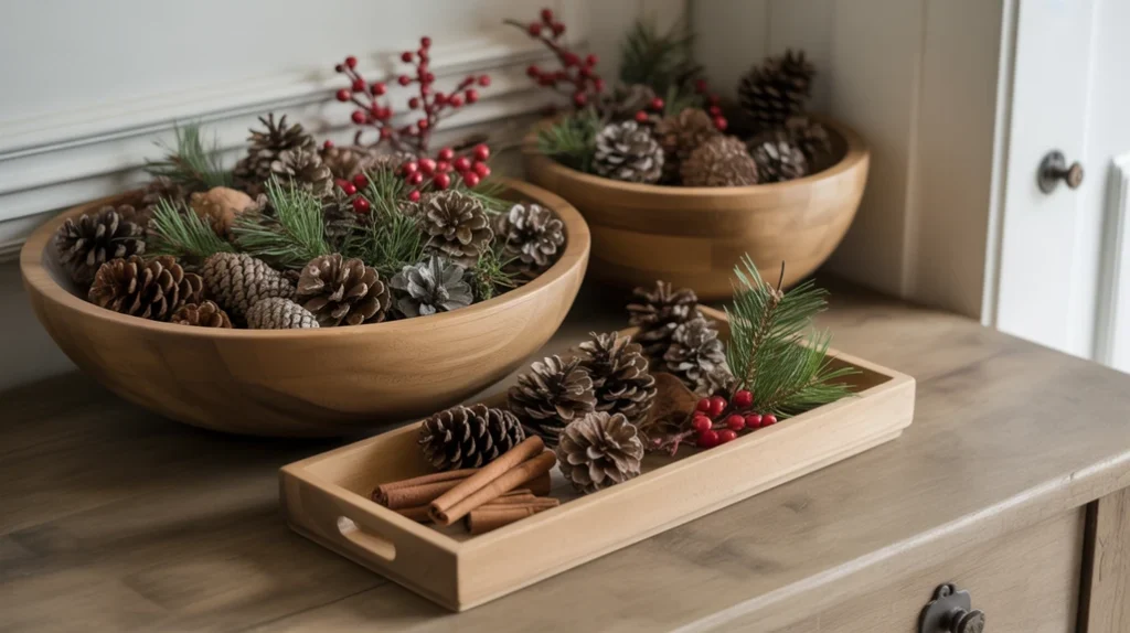 “Natural pinecones arranged in wooden bowls for rustic country Christmas decor”