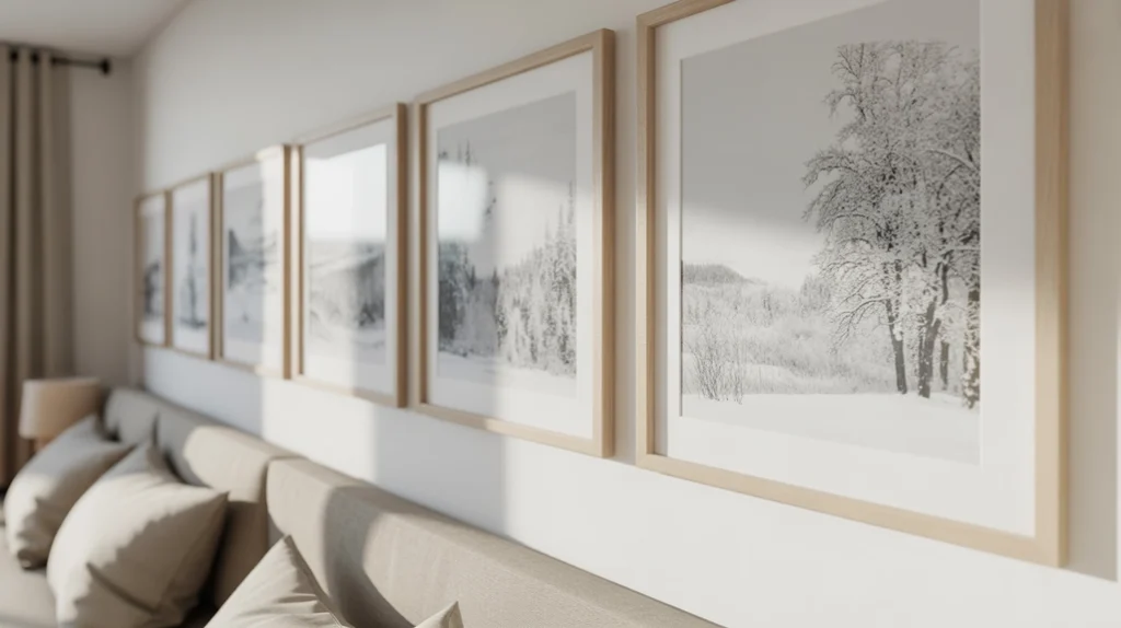 Black-and-white winter prints framed in natural wood for simple rustic modern holiday bedroom decor