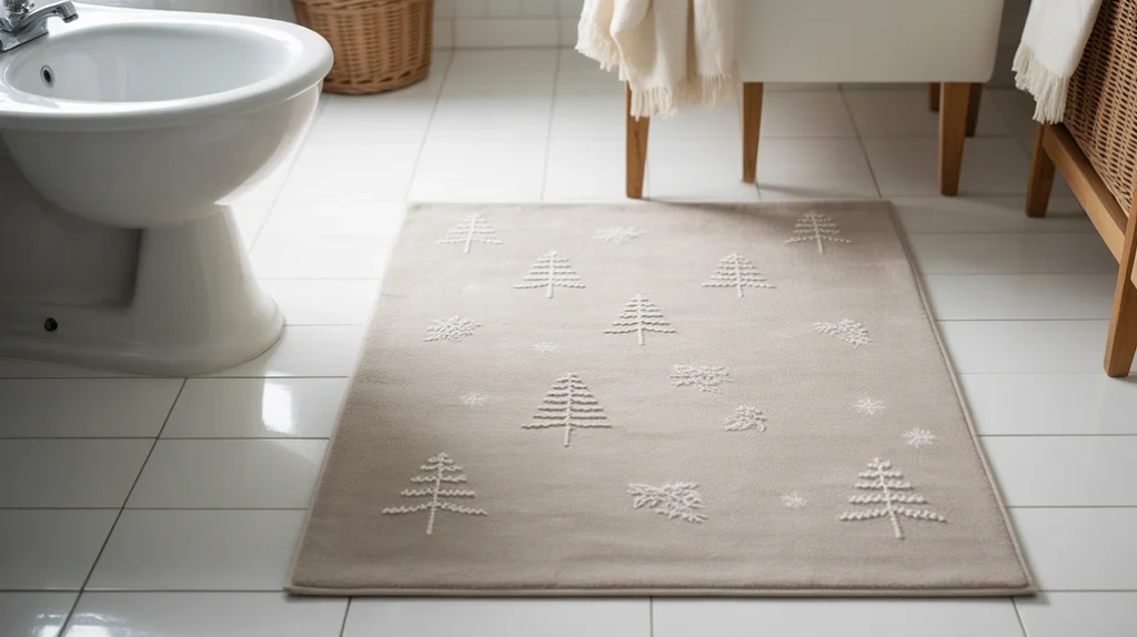 neutral winter rug adding soft texture and subtle holiday warmth to a modern bathroom