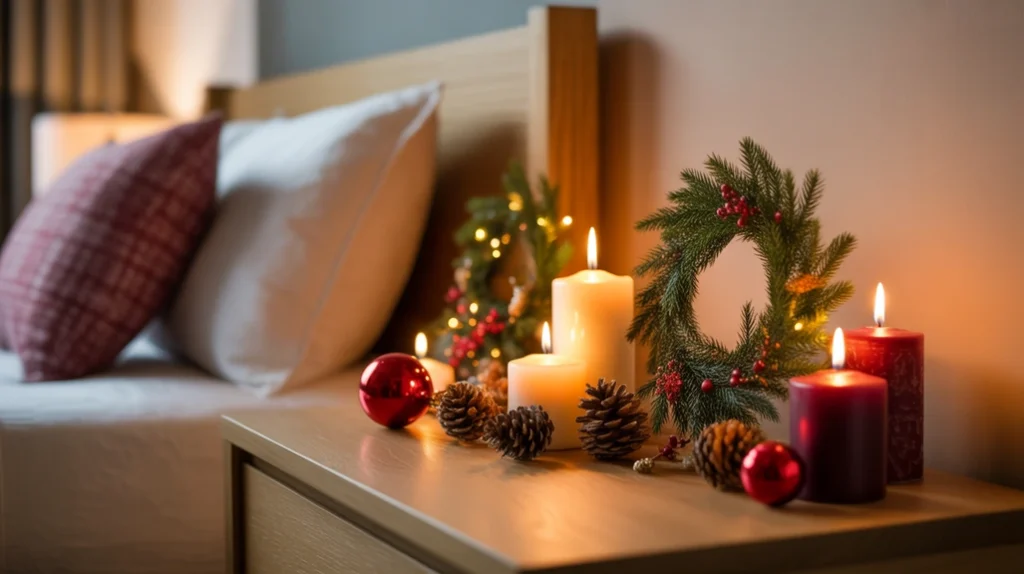 Christmas nightstand decor with candles, ornaments, and pine greenery