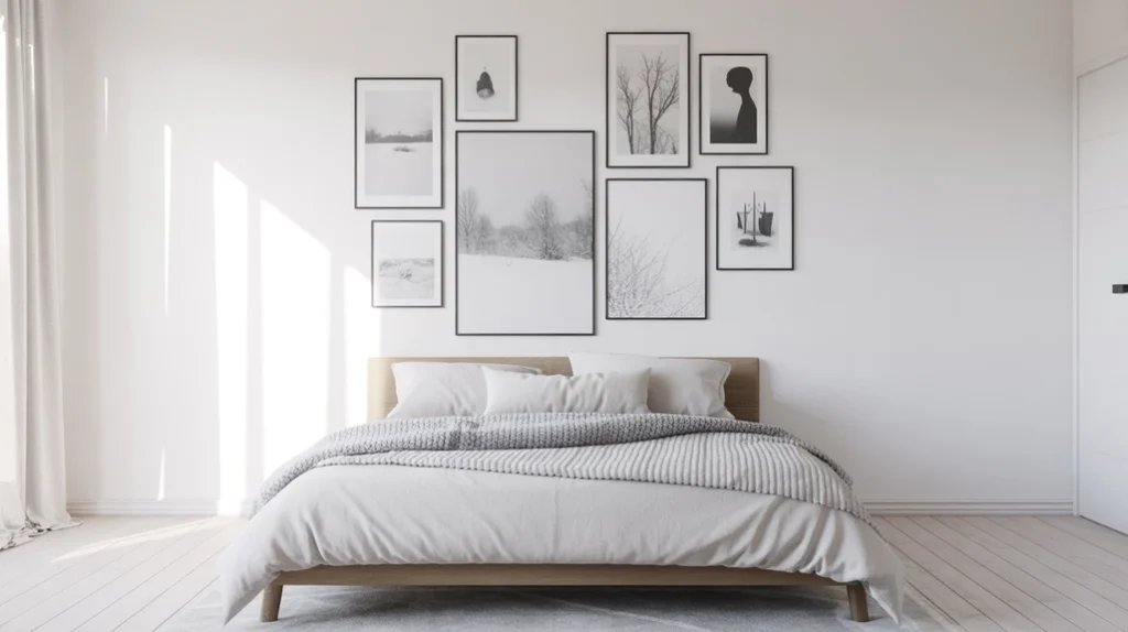 Nordic wall art and simple winter prints enhancing minimalist Christmas bedroom style