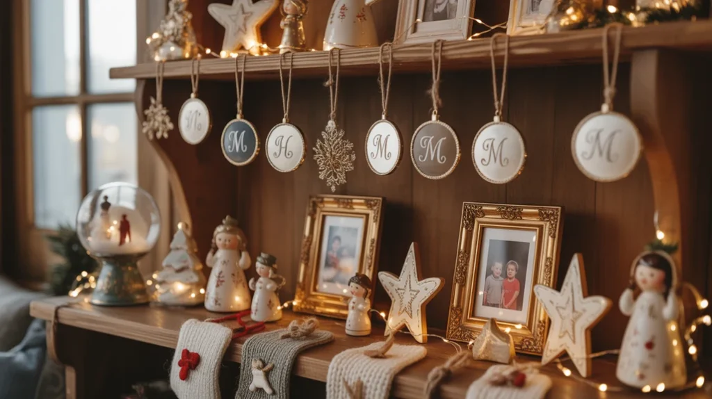 Personalized Christmas shelf decor with framed photos and monogram ornaments