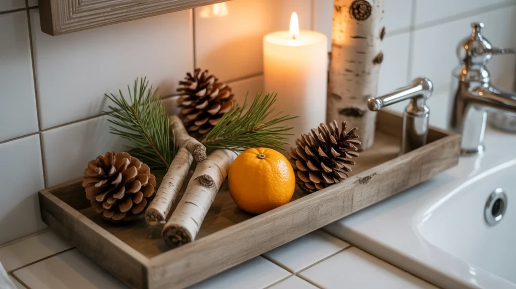 pinecones and natural accents styled for rustic woodland christmas bathroom look