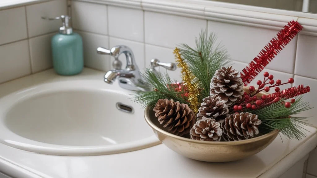 pinecones mixed with vintage tinsel picks and berries creating classic holiday texture