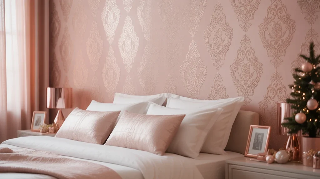 blush pink accent wall with metallic pattern behind white bedding and rose gold lighting for elegant Christmas decor