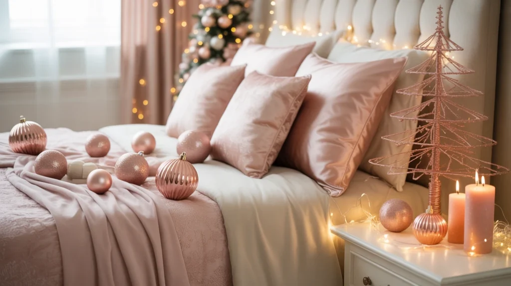 soft pink and champagne accents blending with rose gold tones for an elegant holiday bedroom look