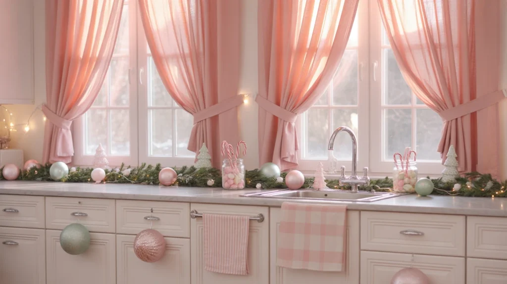 Pink kitchen curtains adding soft festive glow and pastel Christmas charm to the kitchen