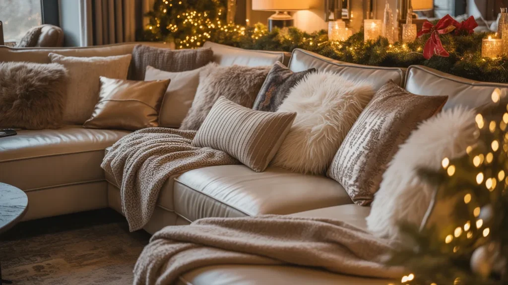 Plush layered sofa seating with pillows and throws for warm winter home decor
