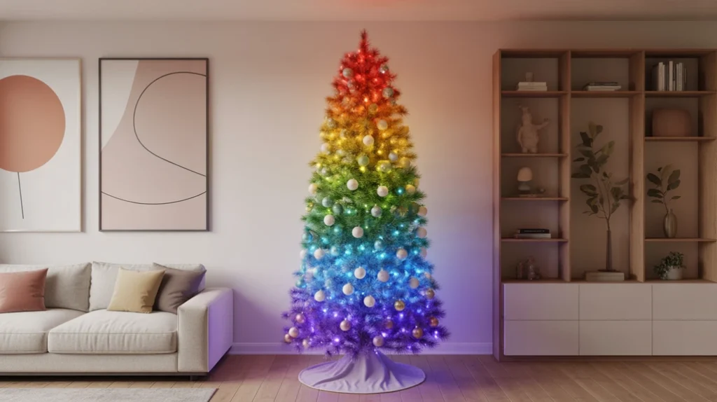 Whimsical Christmas Tree with cascading rainbow lights and colorful ornaments