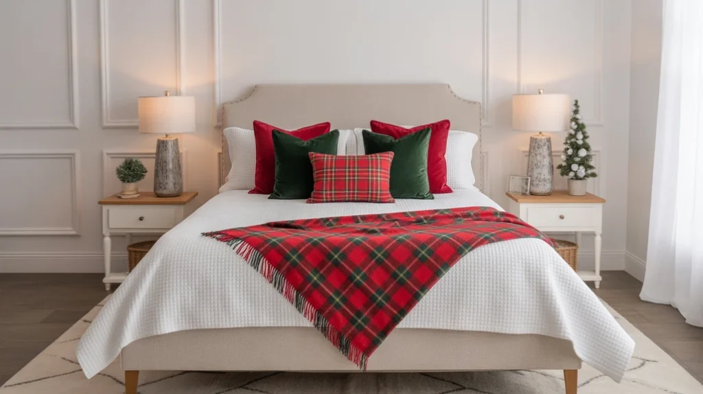 Red and green Christmas accent pillows bringing traditional festive colors into cozy bedroom decor.