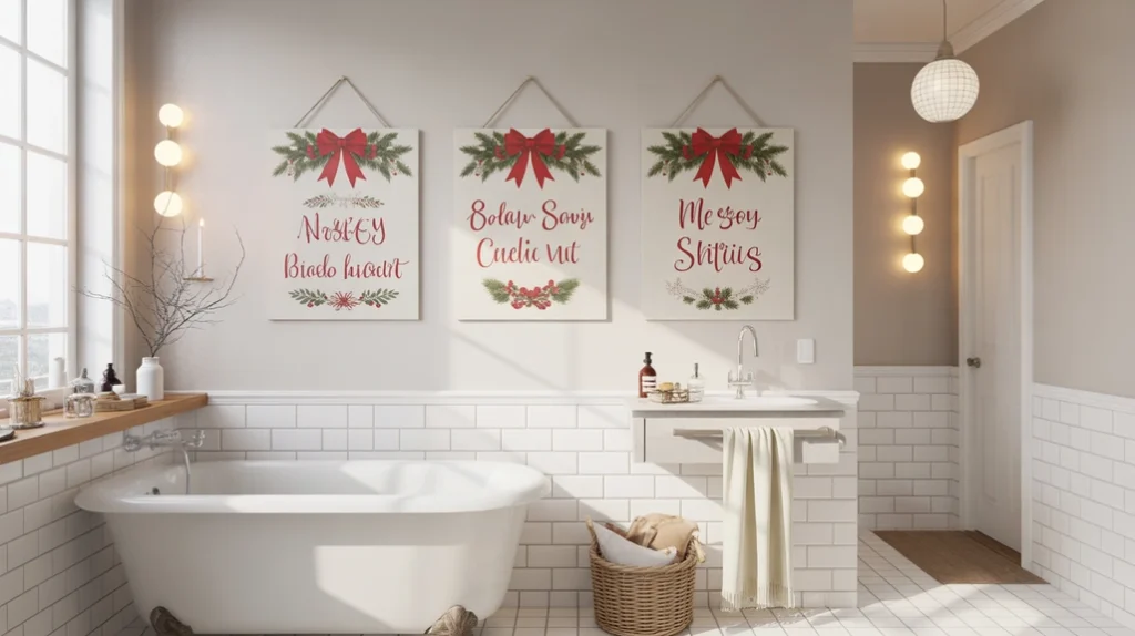 holiday wall art featuring classic christmas motifs in red and green