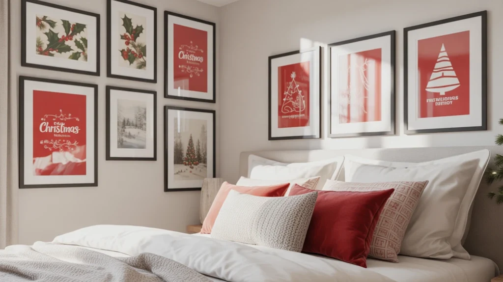 modern red christmas wall art and prints above bed creating festive bedroom decor inspiration