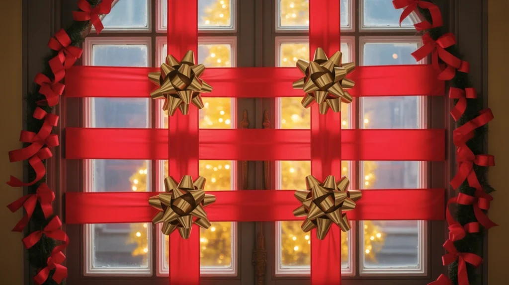 Christmas window decorated with red and gold ribbons and bows like a wrapped gift box.