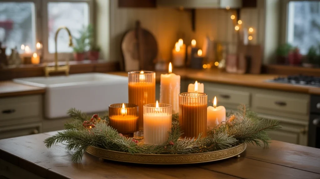 amber and cedarwood candles adding cozy aroma and warmth to an elegant christmas kitchen setup