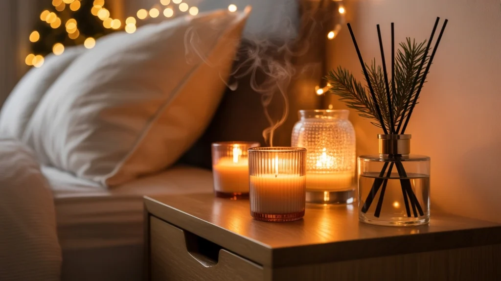 Scented candles and diffusers adding cozy fragrance to small Christmas bedroom