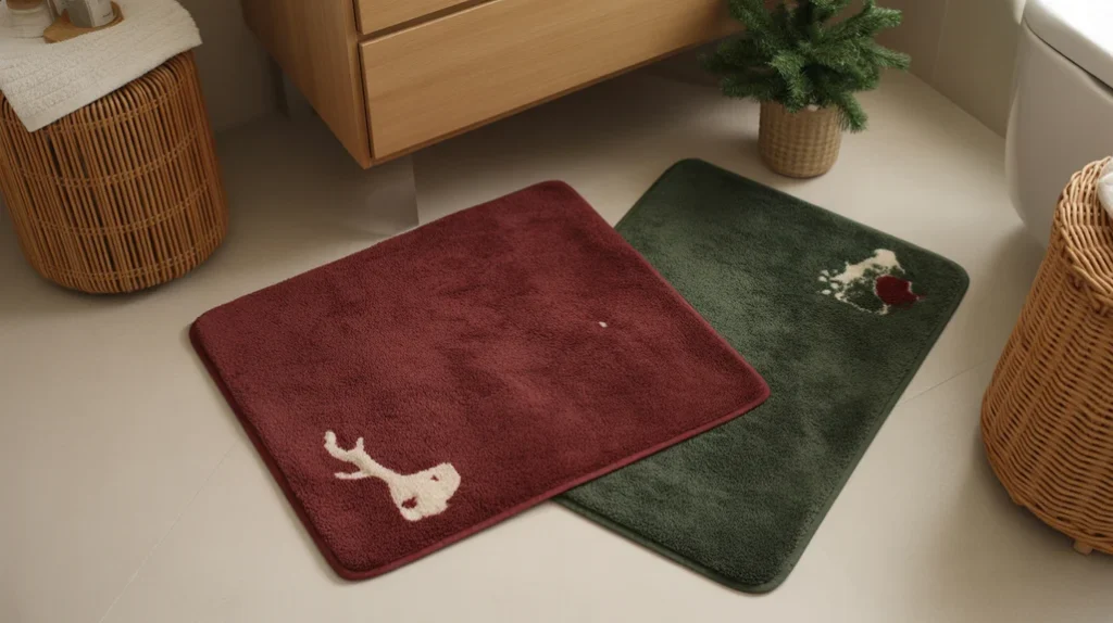 Deep green holiday bath mat adding seasonal color and comfort to a small bathroom floor.