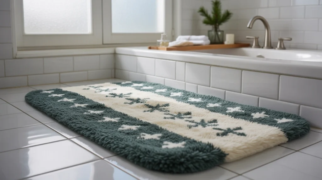 seasonal bath mat adding winter color and texture to a small apartment bathroom