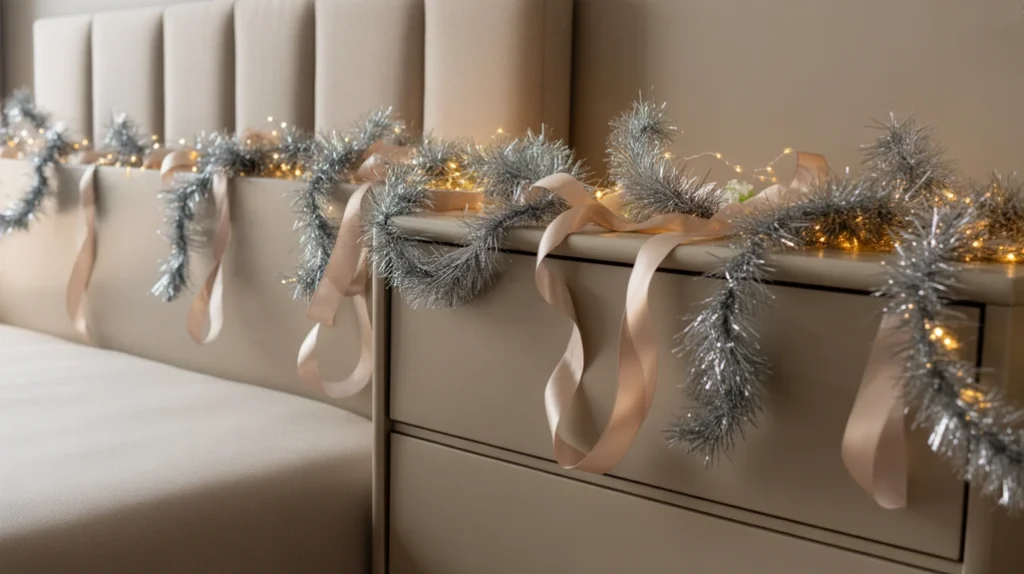 silver garland with ribbons and LED lights draped on headboard for elegant holiday bedroom styling