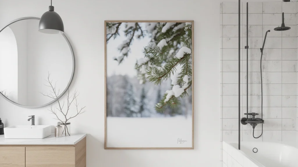 minimal winter artwork with nordic themes used as scandinavian christmas bathroom decor