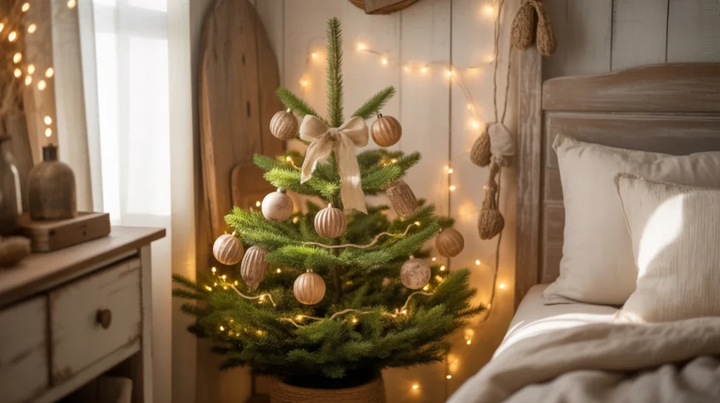 Small rustic Christmas tree with wooden ornaments and twine bows in a cozy farmhouse bedroom
