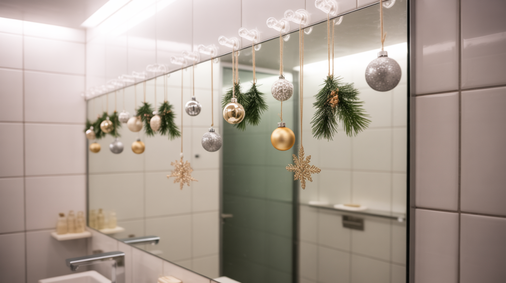 Christmas decorations hung on bathroom mirror using clear suction hooks for easy styling