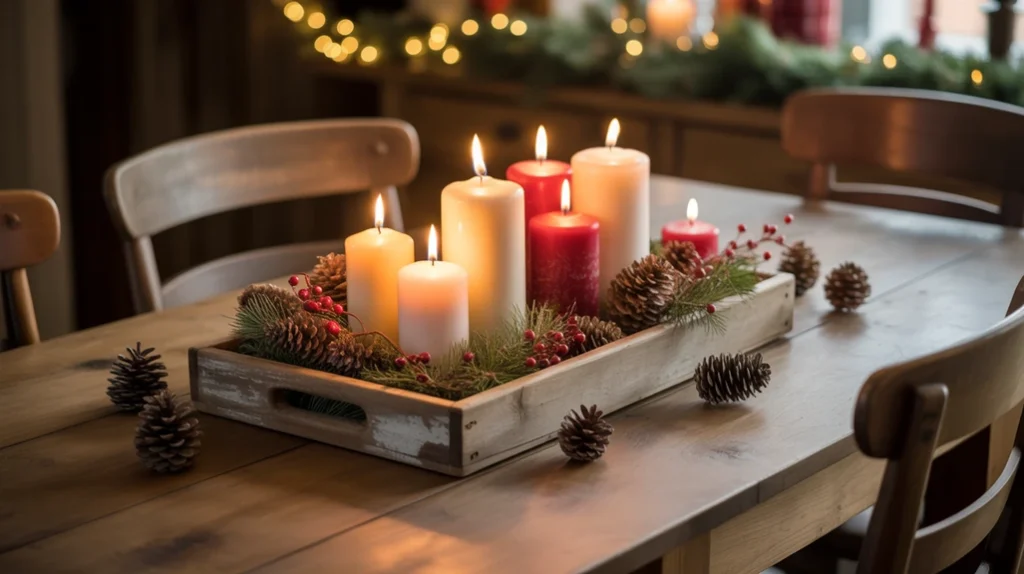 rustic christmas kitchen table centerpiece with candles, greenery, and wooden tray decor