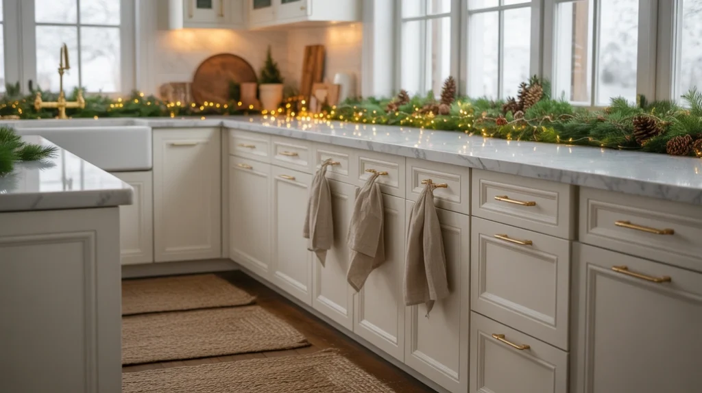 Neutral textured linens and rugs adding warmth to modern Christmas kitchen decor
